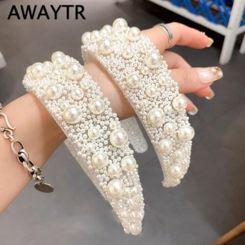 AWAYTR Korean Full Pearl Diamond Inlaid Rhinestone Headband with Teeth Transparent Crystal Hairband Non-slip Hair Accessories