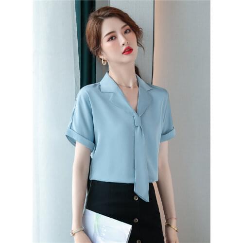 Women Summer Blouses Short Sleeve Solid Light Blue Tops With Tie Bow Fashion Work Wear Pink Casual Blusas Office lady Shirt