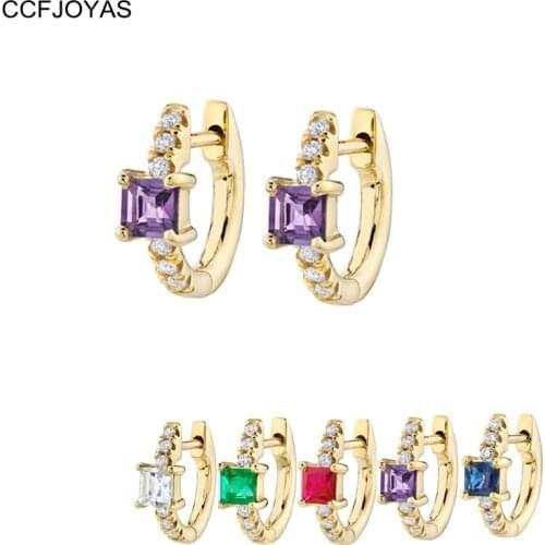 CCFJOYAS Purple/white/green/blue/red Square Zircon earrings 925 Sterling Silver Small Hoop Earrings for Women Fine Jewelry