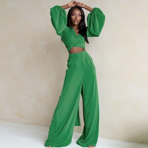 Sexy 2 Piece Sets Women Outfits Lantern Sleeve Crop Top and Wide Leg Pants Office Lady Elegant Work Wear Two Piece Matching Sets