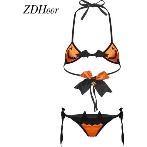 Womens Halloween Cosplay Costumes Devil Sexy Bikini Lingerie Set Halter Neck Bra with G-string Briefs Sexy Nightwear Fancy Dress