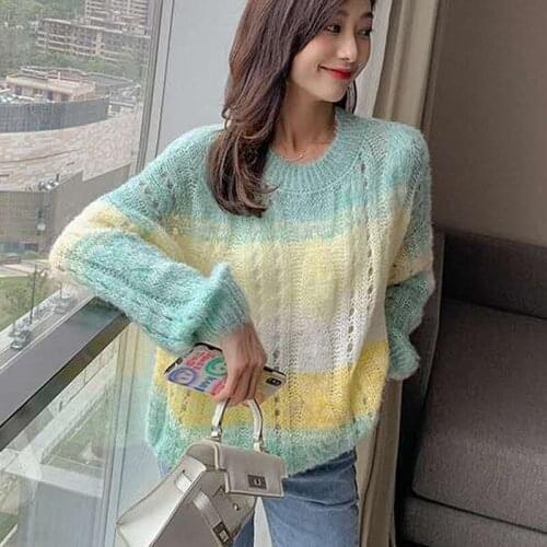 Long sleeves Oversized Knitted Thin Rainbow Gradient Color Women Sweaters 2021 New Loose Hollow Knitted Tops Pullover Female