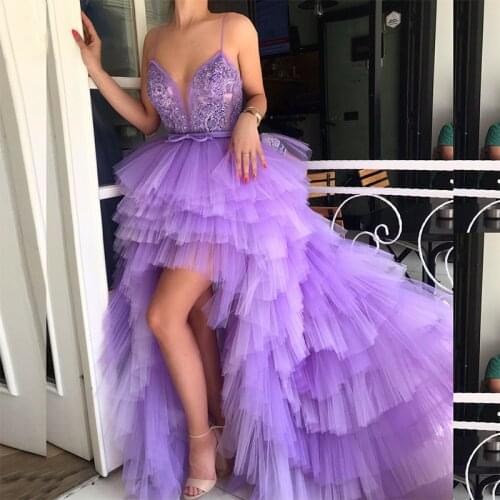 2021 New Unique Sexy Purple Prom Party Dresses High Low Sleeveless Lace V Neckline Wedding Party Gowns Sweep Tiered Bottom