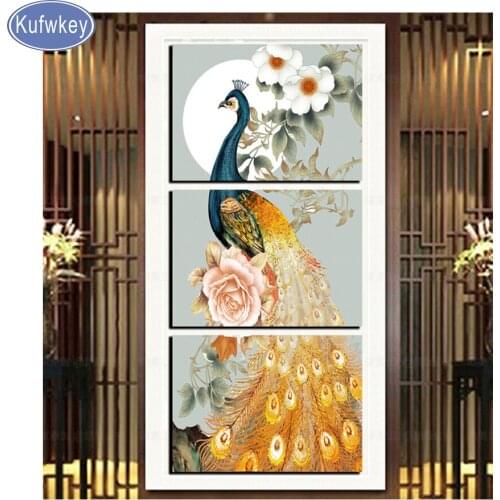 3 Piece Beautiful Peahen Diamond Embroidery,5D Private Custom foto,diy Diamond Painting,3d Cross Stitch,Diamond Mosaic,animal