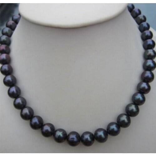 AAA 9-10mm natural tahitian black pearl necklace 925silver gold 18 inch
