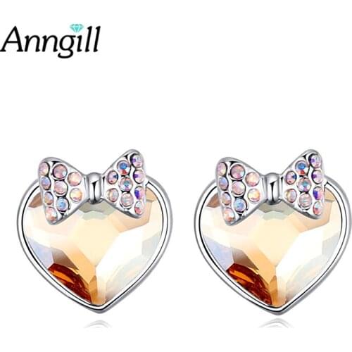 ANNGILL Unique Design Genuine Crystals from Swarovski Stud Earrings for Women Bow Knot Heart Earring Love Wedding Birthday Gift