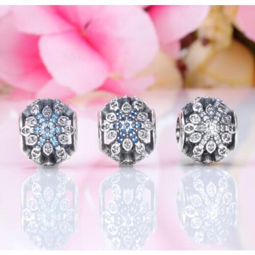 Bewill S925 sterling silver with diamonds and blue snowflake beads Fit Original Bracelet Pendant Authentic Jewelry