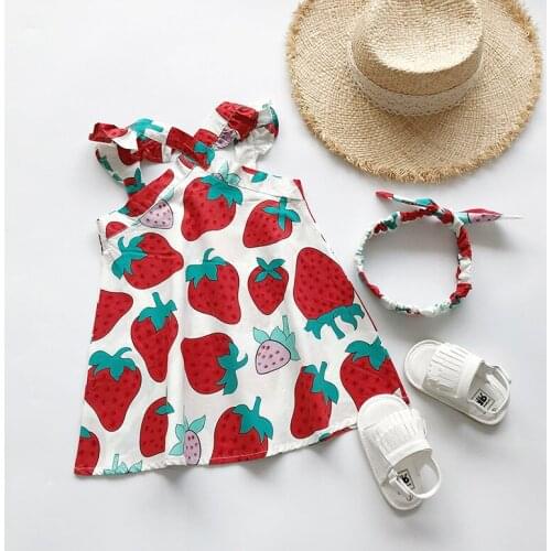 Kids Baby Girls Dress + Headband Summer Cute Strawberry Print Dress 2pcs Outfits Set Clothes For 1-6Y