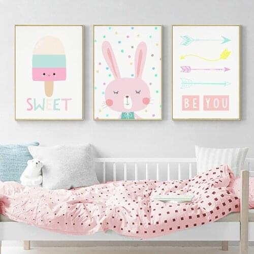 Baby Girl Nursery Wall Art Poster Cartoon Canvas Painting Bunny Ice Cream Arrow Prints Girls Bedroom Decoration Nordic Pictures