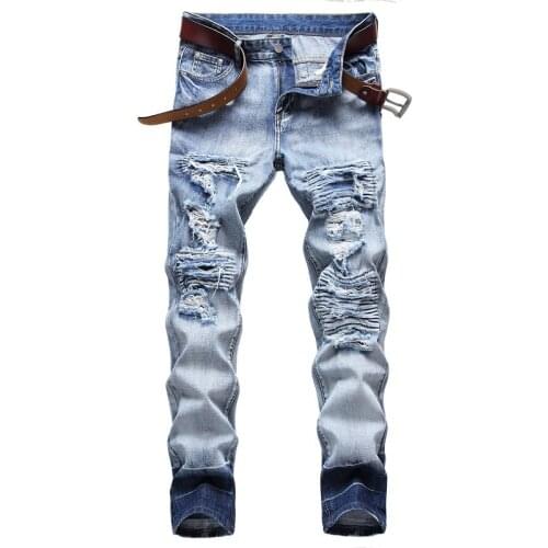 Denim Ripped Hole MOTO BIKE Straight Jeans MenS OverSize 38 40 42 2021 Autumn Spring HIP HOP Punk Rock Streetwear Trouers