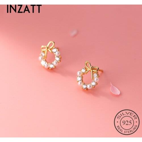 INZATT Real 925 Sterling Silver Zircon Bow Pearl Round Stud Earrings For Fashion Women Party Cute Fine Jewelry Accessories Gift