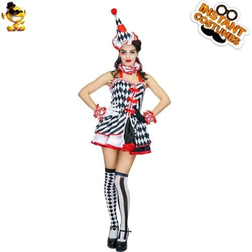 Adult Clown Costume Circus Poker Clown with Stockings Halloween Cosplay Clothing Womens Sexy Clown Poker Circus Girl