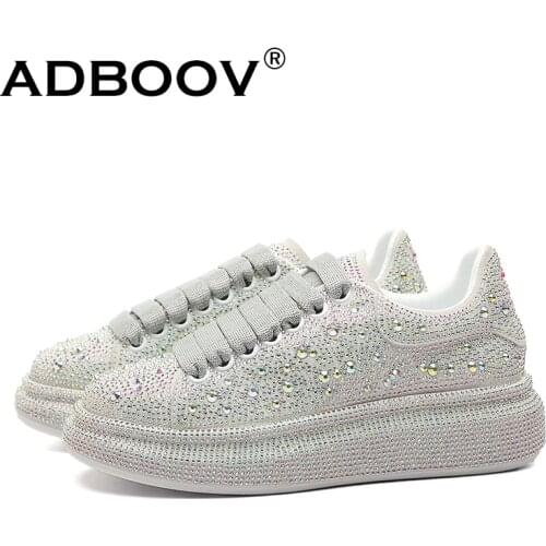 ADBOOV New Bling Rhinestone Sneakers Women Genuine leather Fashion Casual Shoes Crystal Street Party Shoes Ladies