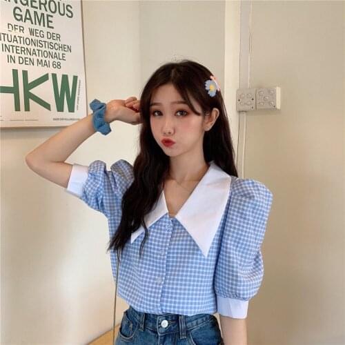 Summer 2021 New French Retro Plaid Puff Sleeve Doll Collar Shirt Loose Chic Short Sleeve Shirt Women