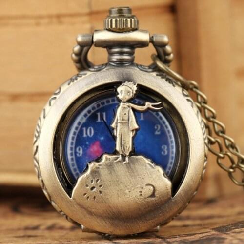 Little Cute Small Dial Bronze Blue The Little Prince Movie Planet Quartz Pocket Necklace Pendant Souvenir Gifts for Boys Kids
