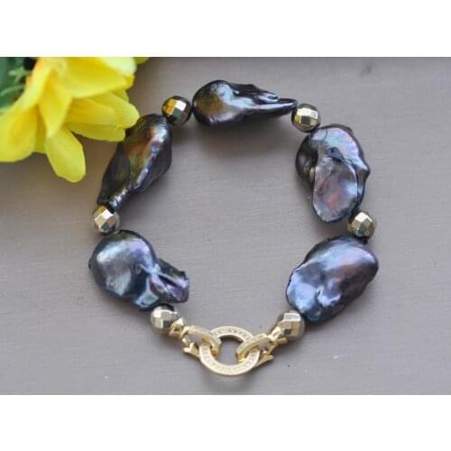 MCT·STAR Z10470 8" 28mm Black Baroque Reborn Keshi Pearl Hematite Bead Bracelet