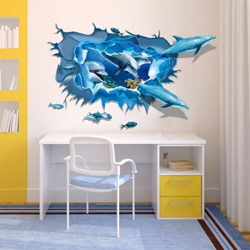 Lovely Dolphin Fish Wall Stickers For Shop Office House Kids Room Decoration Diy 3d Broken Hole Wall Mural Art Home Decals