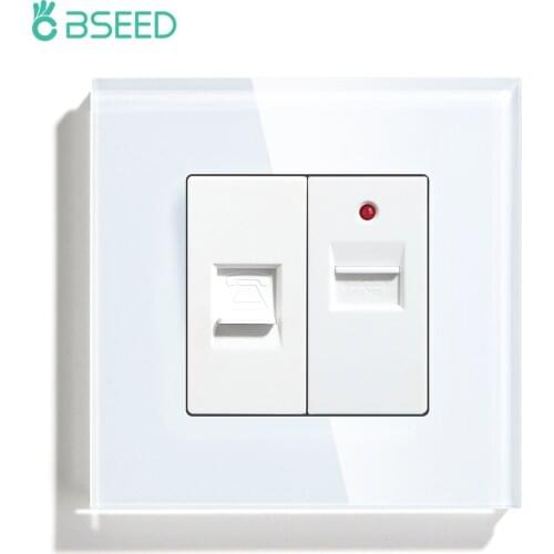 BSEED EU Standard Telephone Wall Socket USB Charger Power Outlet 5V 1.5A Red Backlight Crystal Glass Panel White Black Golden