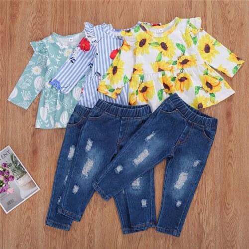 1-5Y Autumn Children Clothing Toddler Kids Girls Clothes Sets Flowers Ruffles Long Sleeve Tops Denim Pants 2pcs Outfit