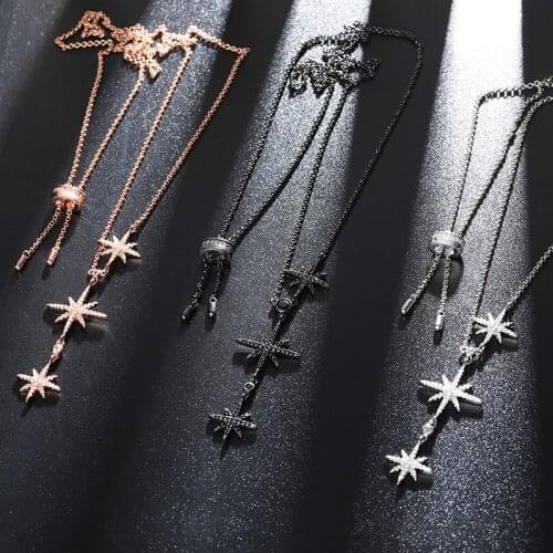 AAA Quality Vintage Style Black CZ Crystals Star Pendant Necklace Fashion Free Chain For Women Sterling Silver Jewelry