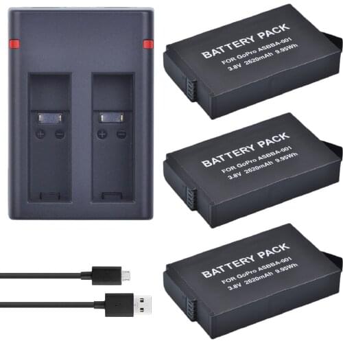 Powertrust 3pcs 2620mAh for GoPro ASBBA-001 Camera Li-ion Battery +USB Dual Charger for Gopro Fusion 360-degree Camera