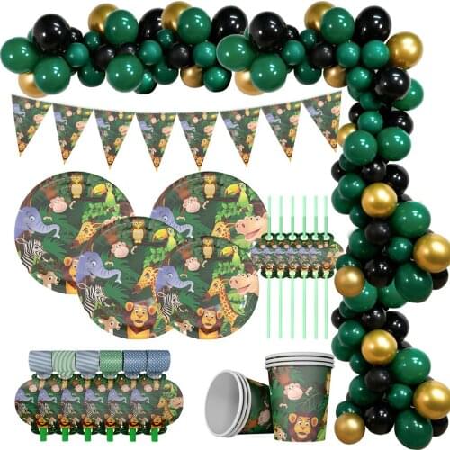 Cartoon Jungle Animal Disposable Party Tableware Sets Kids Birthday Party Latex Balloon Decor Plate Cup Napkin Party Supplies