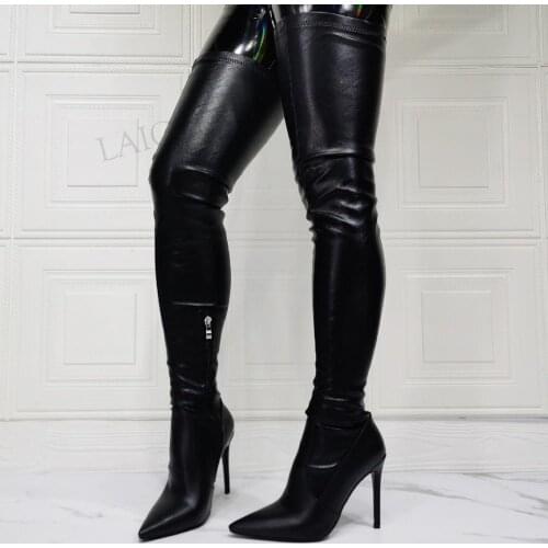 SEIIHEM Sexy Women Over Knee Boots Side Zip Heeled Boots Black Thigh High Elastic Shoes Woman Donne Stivali Big Size 42 43 47