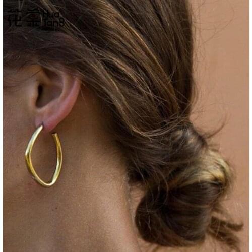 HuaTang Simple Gold Silver Color Irregular Hoop Earrings for Women Geometric Smooth Circle Earring Ladies Party Jewelry Brincos