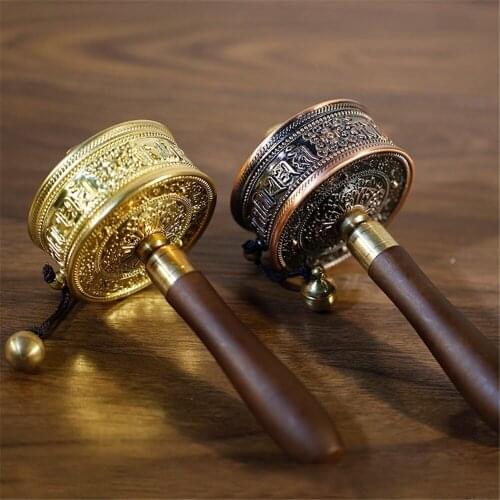 Tibetan Classic Portable Fine Copper Prayer Wheel Mini Amitabha Buddha Bless Wheel Brass Hand-hold Wheel 19CM Long