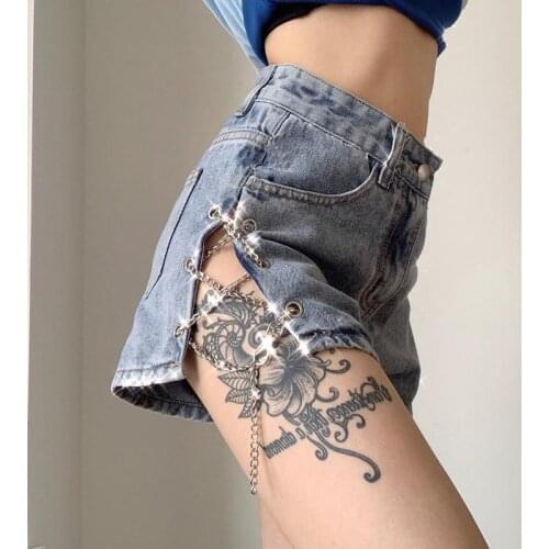 Moda Feminina Verao 2021 Summer Chain Design High Waist And Long Legs Sexy Denim Shorts Pantalón Corto Mujer Bermuda Feminina