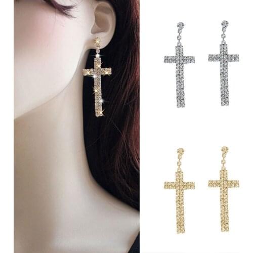 Bridal Crystal Cross Shape Long Earrings Sparkly Silver Color Rhinestone Dangle Earrings For Women Wedding Jewelry Gifts