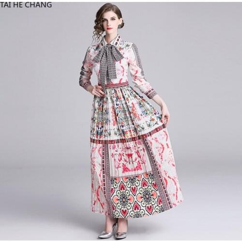 2019 Women long sleeve Dress Fashion Retro Spring Summer Elegant pleated Bodycon Vintage Party Runway Print Shirt Maxi Dresses