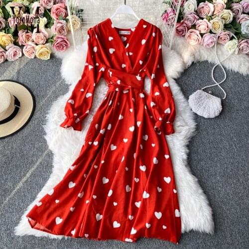 YornMona Romantic Heart Print Women Dress 2020 Autumn Elegant V-neck Sash Bandage Big Swing Long Dress Ladies Party Dress Red