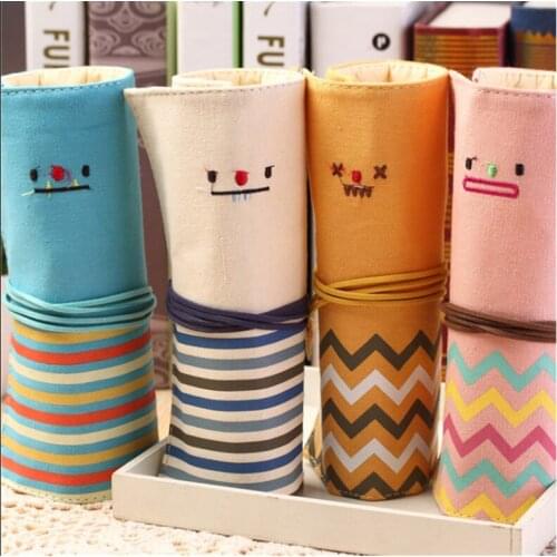 Blue Large Capacity Smile Canvas Roll Pencil Case Cartoon Face Girl Pen Bag for Kids School Supplies 1Pcs