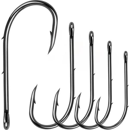 180pcs 92247 High Carbon Steel Fishing Hooks Black Offset Long Barbed Shank Baitholder Bait Hook Size 1 1/0 2/0 3/0 4/0 5/0 6/0