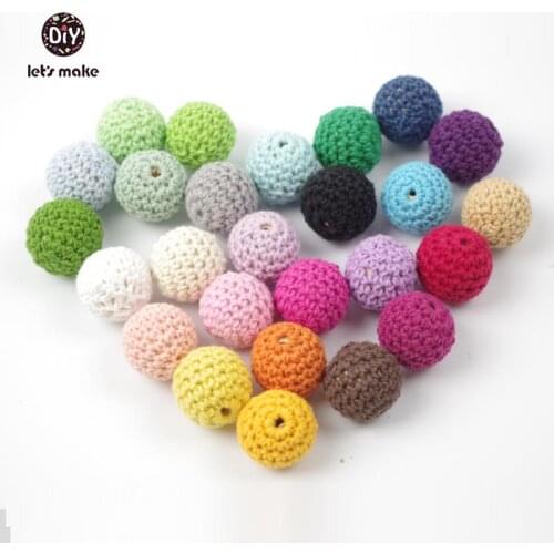 Lets make 50pc/lot wooden Crochet Covered Beads Colour Mix Ball 16mm For Baby Teething Diy Necklace Mini Crochet Bead