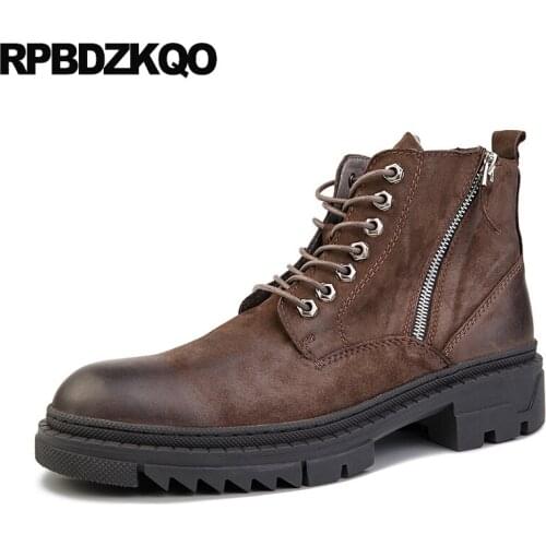 Combat army zipper booties lace up shoes men fall warm fur genuine leather winter full grain boots military black brown luxury