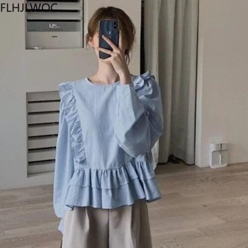 Cute Doll Shirt Design Fashion Women Long Sleeve Casual Loose Solid Blue Peplum Ruffled Tops Blouses 2021 Fall Autumn