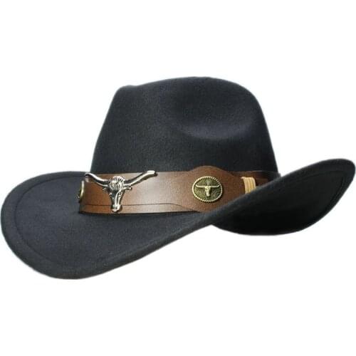 Big Large Plus Size Bull Ox Head Leather Band Vintage Women Men Wool Wide Brim Cowboy Western Hat Cowgirl Formal Bowler Cap 61cm