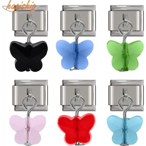 Hapiship 1Pcs 9mm Width Original Daisy 7 Color Crystal Butterfly Charm Fit Bracelet Stainless Steel Jewelry Making DJ29