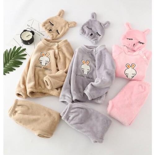 Kids Flannel Pajamas Sets Children Toddler Boys Girls PJS Thick Warm Top and Pants with Hat Fall Autumn Winter Sleepwear