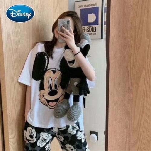 Disney Home Cloth Female Summer Short Sleeve Trousers Pajamas Cartoon Mickey Print Pajamas