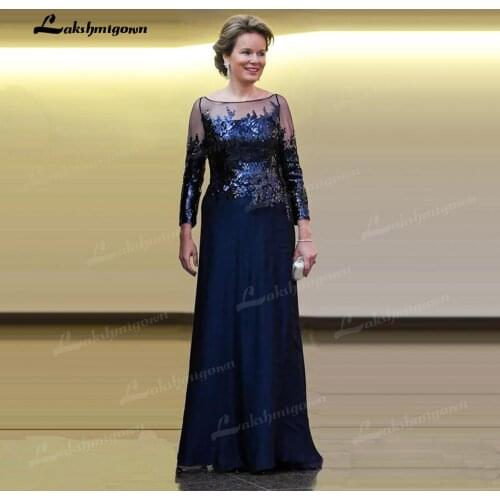 Elegant Navy Blue Long Sleeves Mother of the Bride Dresses Illusion Bateau Neckline Squined Bodice Wedding Party Dresses