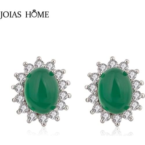 JoiasHome Classic Silver 925 Jewelry Oval Gemstones Stud Earrings for Women Green Agate Zircon Flower shaped Anniversary Gifts