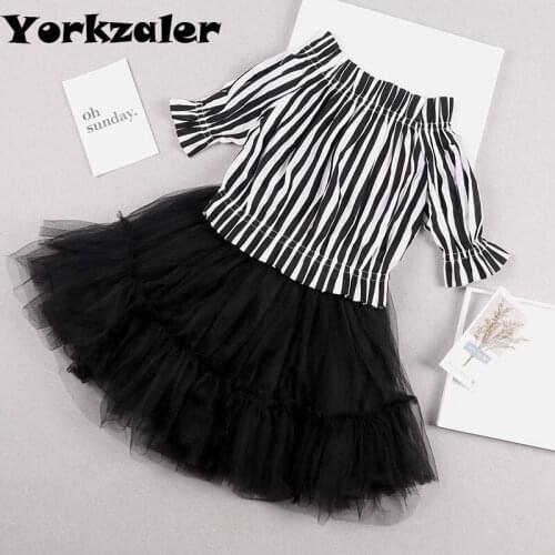 2019 Baby Girls Summer Clothes Set Striped Off Shoulder Shirt And Black Tutu Skirt Fashion Clothing Children Sets Girls Outfits