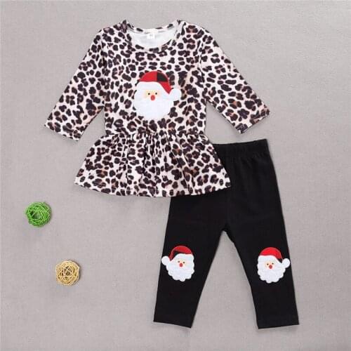 Toddler Baby Girl Christmas Outfits Set Long Sleeve Santa Leopard T-Shirt Top + Elastic Waist Pants Set 2PCS Clothes Set