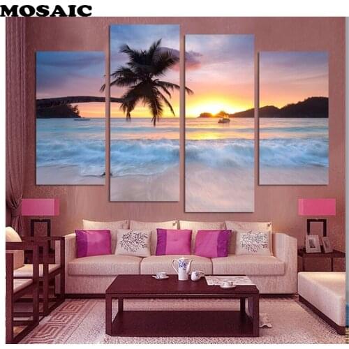 Full square diamond mosaic pictures Ocean/sunrise/beach/4pcs diamond painting,DIY Diamond Embroidery crafts home decoration
