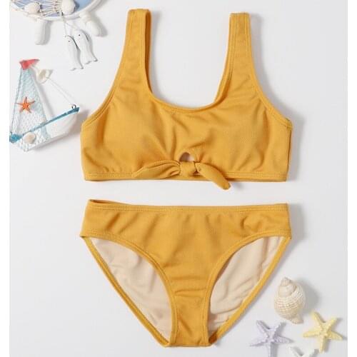 Summer Wading Sports Swimming Hot Spring Childrens Swimsuit Natural Yellow Knotted Wide Shoulder Strap Split Bikini