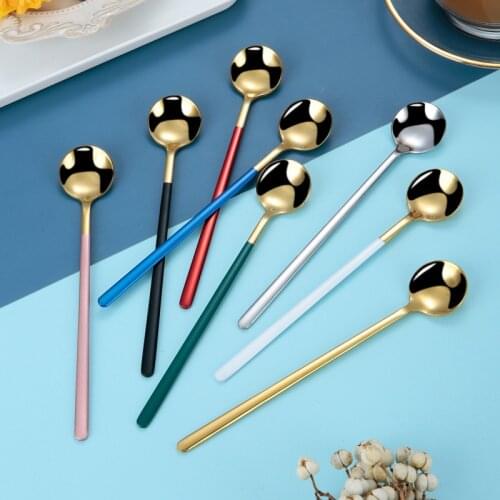 Rainbow Color Coffee Tea Stir Spoon Long Handle Ice Cream Dessert Spoons Eco-Friendly Stainless Steel Tableware Kitchen Supplies