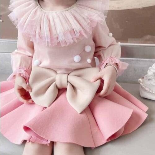 Baby Girls Cute Mesh Ruffles Collar Top+Big Bow Pleated Dress 2pc Sets Clothes Children Kids Birthday Party Dinne Princess Gowns